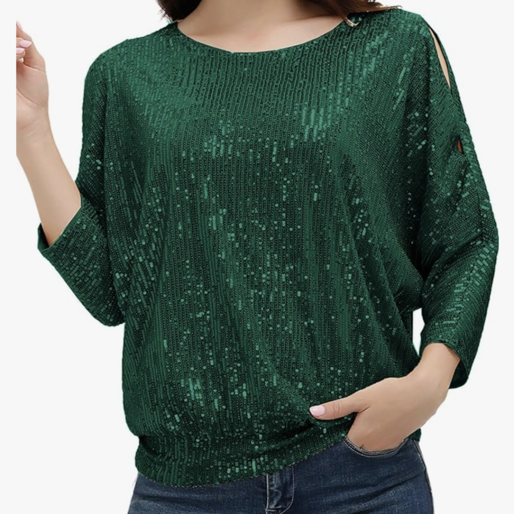 Jasambac Green Sequins Blouse with cold shoulder size XL